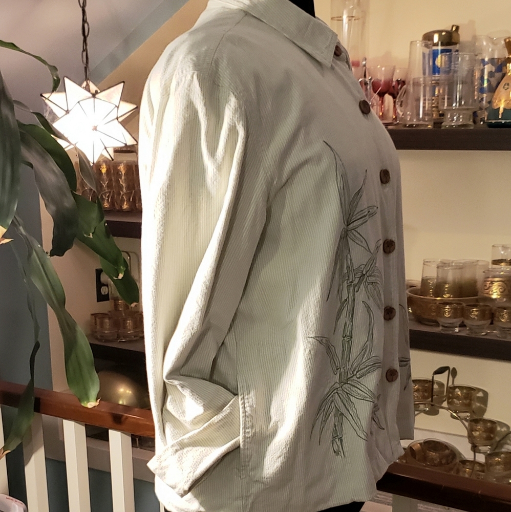 Ruby Rd. Womens Green And White Striped Button Front Shacket - Picture 2 of 8